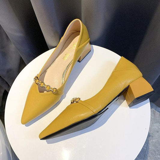 Ladies High-heeled Leather Shoes Slip-in Style Pointed-toe Women's Shoes Mid-heel Thick-heeled Pumps Retro Style Thick-heeled Soft Leather Shoes