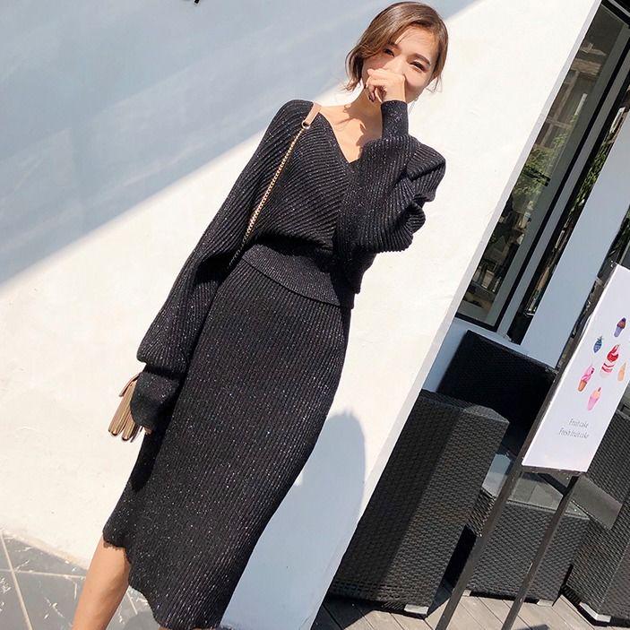 Sexy V-neck Women Knitted Skirt Suits Batwing Sleeve 2 Pieces Elegant Party Dress Female White Dress