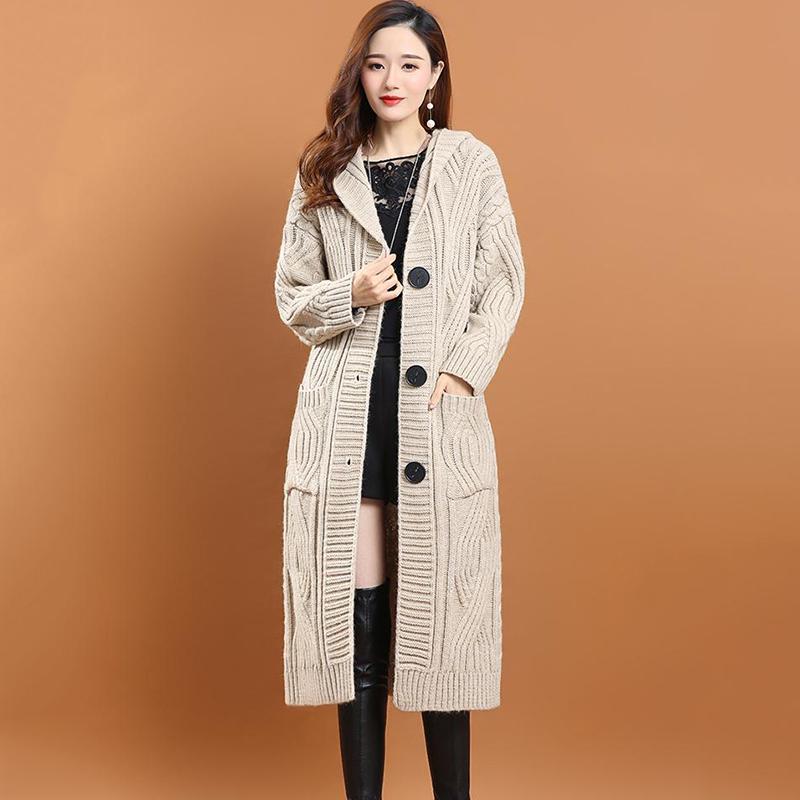 Hooded Knitted Cardigan Women's Outer Wear Autumn and Winter Long Loose Large Size Solid Color Sweater Jacket