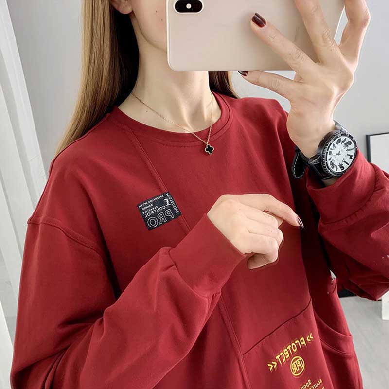 Spring and Summer Large Size Loose Pocket Sweater Women's Bottoming Casual Long-sleeved T-shirt Top