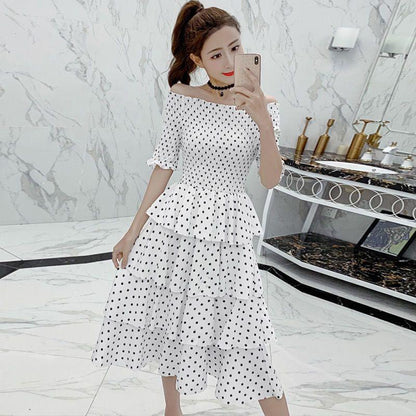 Plus Size Polka Dot Layered Dress Slash Neck Off-shoulder Party Evening Dress Summer