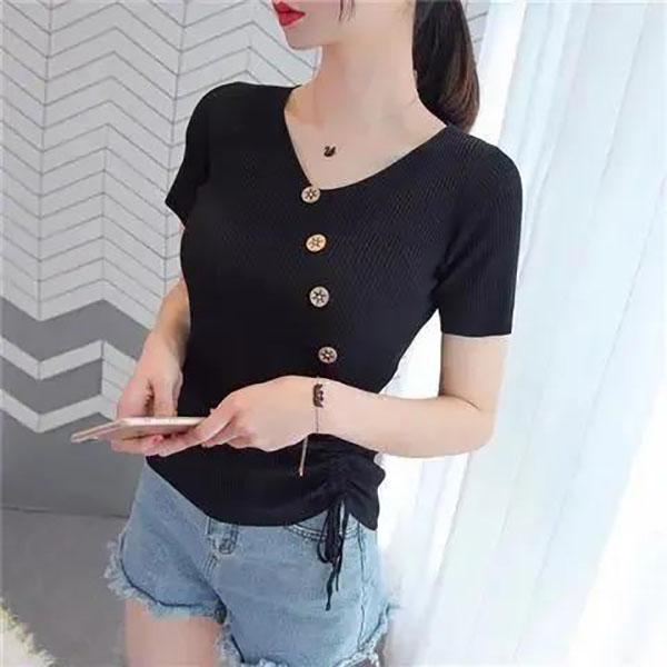 Women Slim Knit Sweater V-neck Pullover Temper Elegant T-shirt Casual Comfortable Shirt Summer