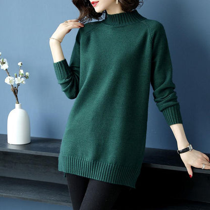 Autumn and Winter Half High Neck Loose Sweater Mid-length Pullover Knit Bottoming Shirt Plus Size Casual Women's Top