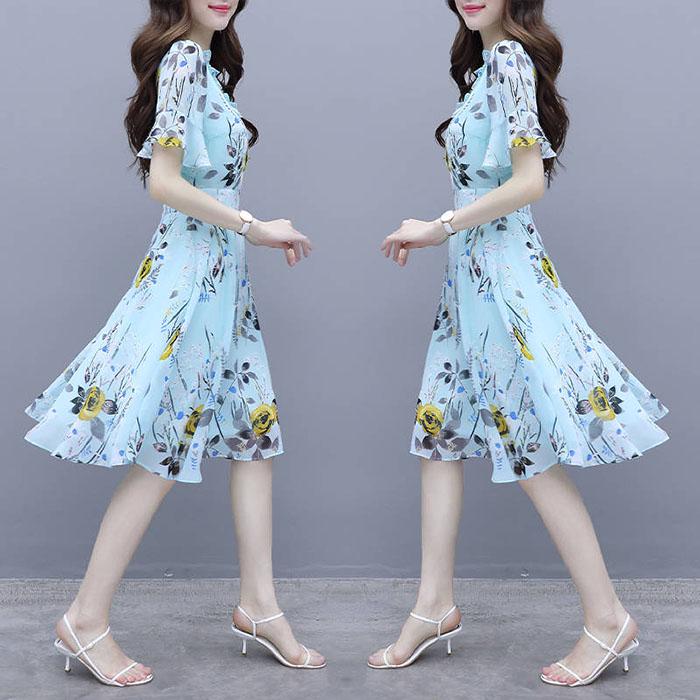 Pofulove S-2XL Women Summer High-end Floral Chiffon Dress Short-sleeved V-neck A-line Sun-dresses