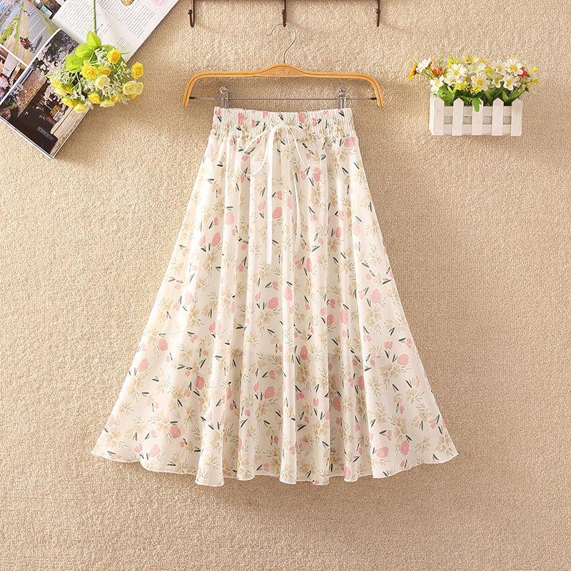 Elastic Waist Pleated Floral Skirt Summer Women's High Waist Mid-length A-line Draping Chiffon Fairy Dress