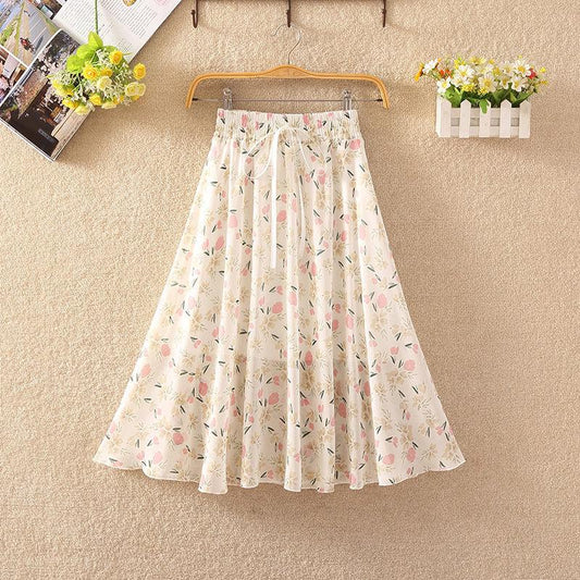 Floral Skirt Women's High Waist Mid-length Summer Fashion Casual Printed Chiffon Skirt