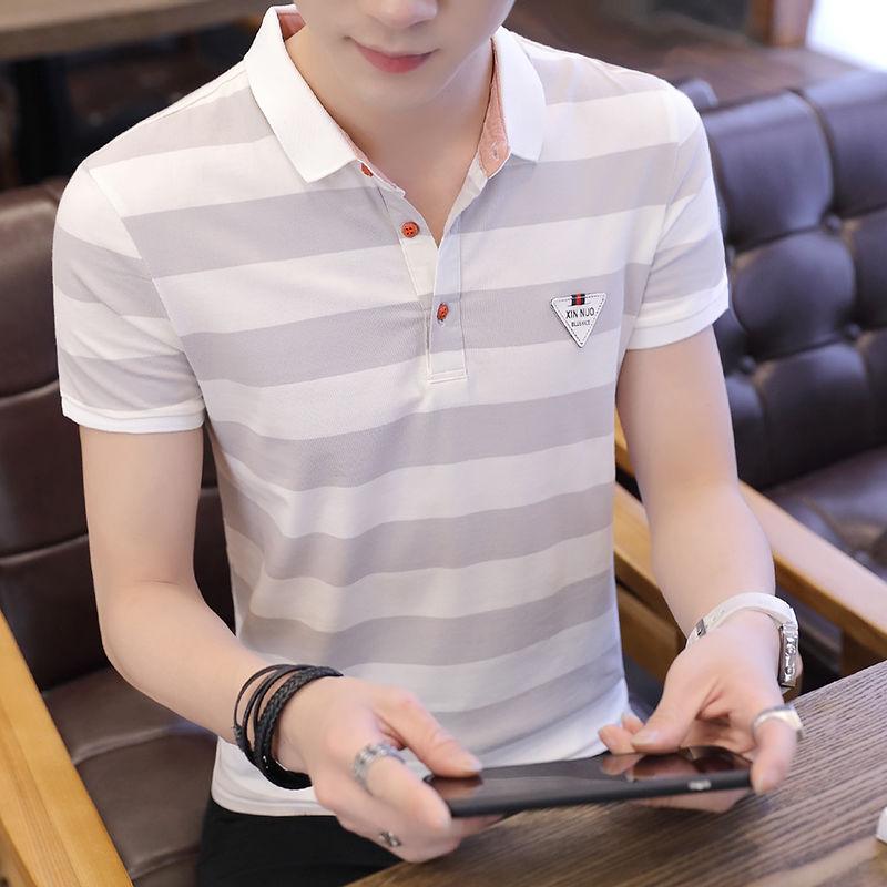 Summer Men's Cotton Striped Short-sleeved T-shirt Lapel Polo Shirt Men's Half-sleeved T-shirt Trend Men's Clothing