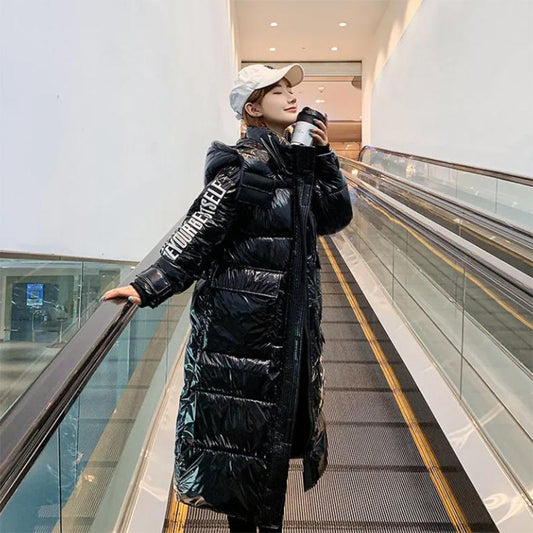 Women's Winter Korean Style Loose Quilted Coat Warm Stand-up Collar Down Jacket Women's Bright Face Long Down Jacket