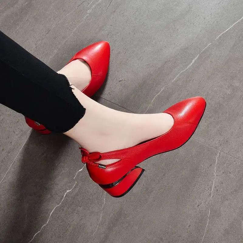 Soft Leather Shoes Women Spring Summer Work Low Heels Pointed Shoes Shallow Mouth Shoes Ladies Thick with Work Shoes