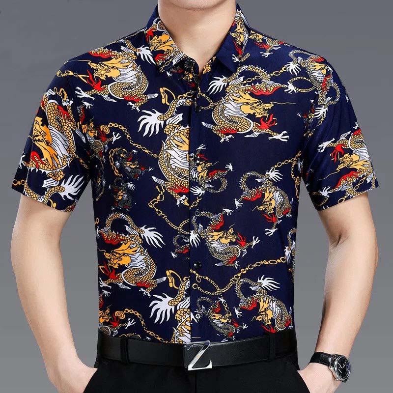 Middle-aged Flower Shirt Men's Summer Short-sleeved Loose Business Ice Silk Men's Thin Floral Half-sleeved Tide