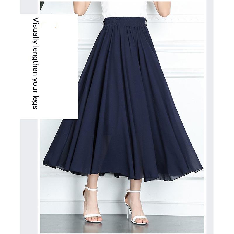 Women Vintage Elegant  High Waist A-line Chiffon Skirt Long Pleated Skirt