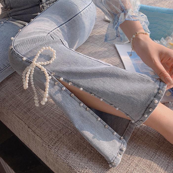 WTEMPO Trumpet Pants Split Pearl Bow Women's Jeans Loose and Slim Wide Leg Straight  Denim Big Pocket Trousers