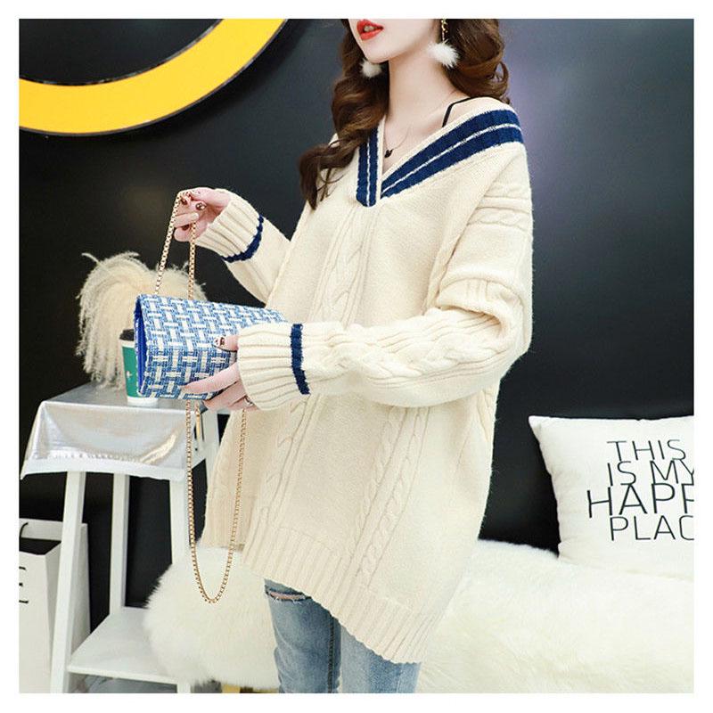 Autumn and Winter Red Sweater Loose Casual V-neck Tops Fashion Knitted Women Tops