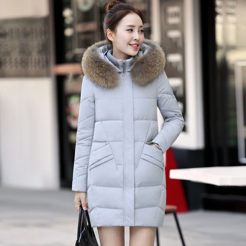 Autumn and Winter Fashion Temperament Women's Coat Big Fur Collar Down Padded Coat Slim Slim Thin Cotton Coat Mid-length