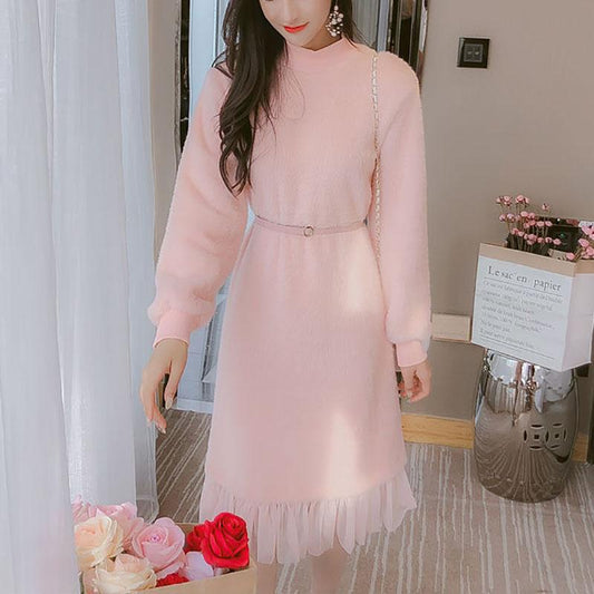 Autumn and Winter Plush Warm Dress Korean Loose Large Size Lace Mesh Pure Color Bottoming Skirt