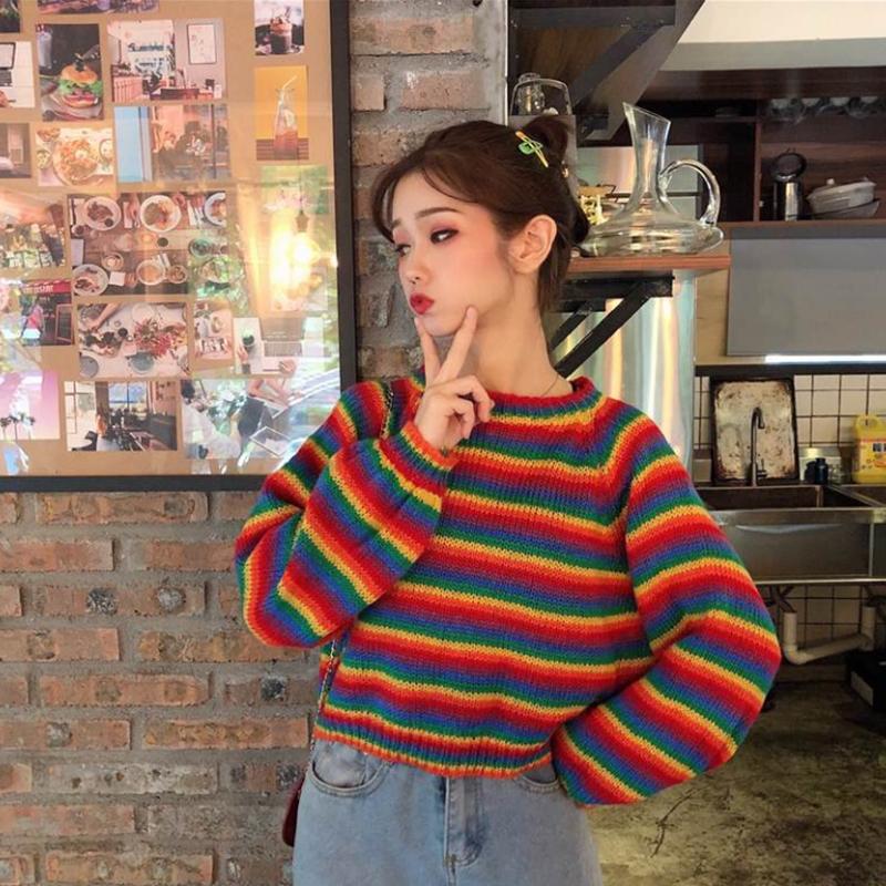 Women's Loose Lazy Student Sweater Women's Pullover Rainbow Striped Short Sweater