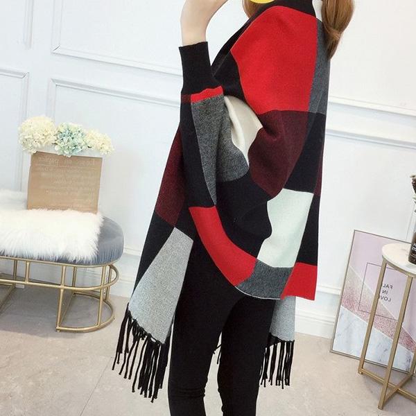 Thick Tassel Cloak Sweater Autumn and Winter Knitted Cloak with Sleeves