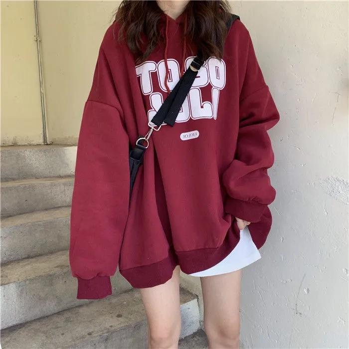 Sweater Women's Ins Plus Velvet Thickened Student Korean of The Loose BF Lazy Style Letter Printing Top Hooded Jacket Printing Pullover Sweater