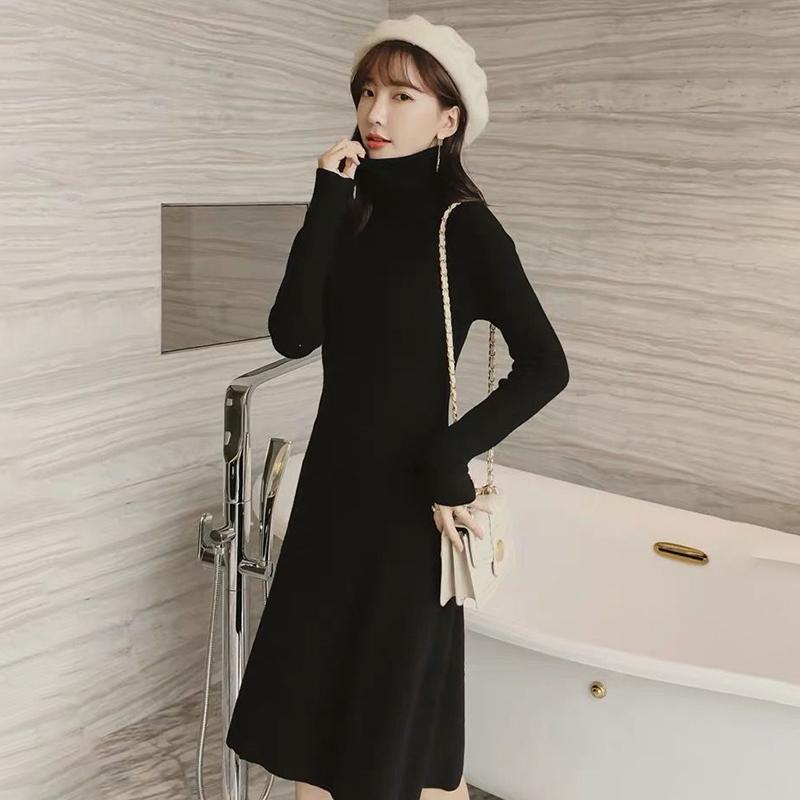 Autumn and Winter Sweater Women's Pullover Mid-length Over The Knee Fresh and Sweet Bottoming Shirt High-neck Knitted Dress