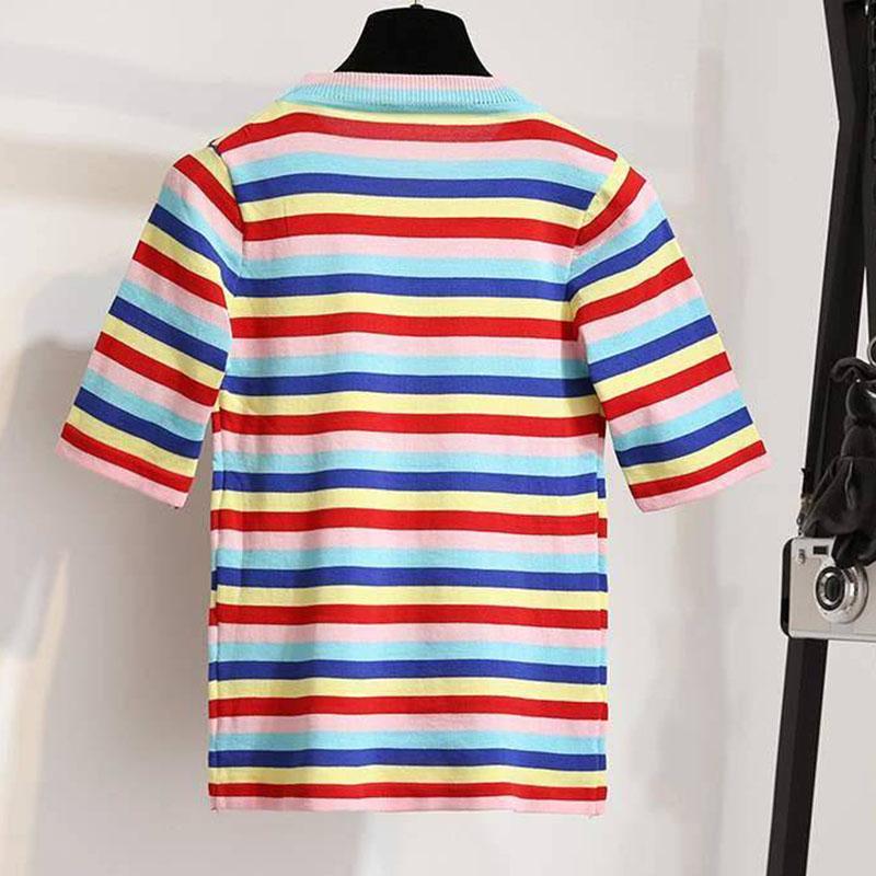 Shorts Set Summer Elastic Rainbow Stripe T-shirt Denim Shorts Two-piece Women's T-shirt Set