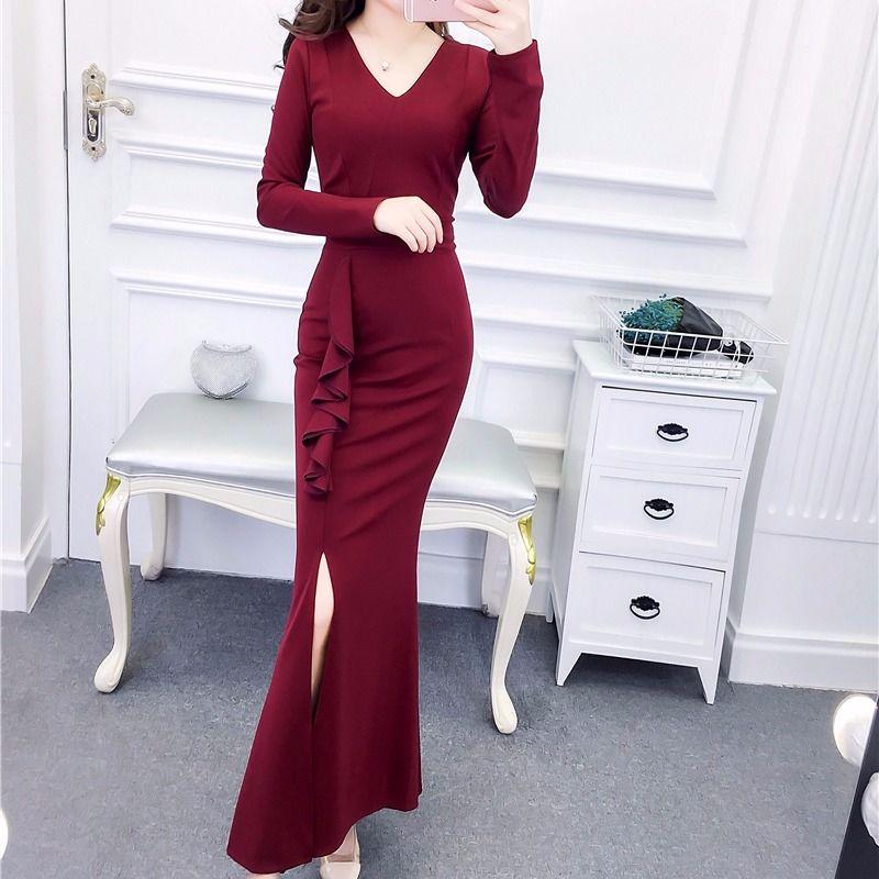 Sexy Women Dresses Bodycon  Elegant Office Lady Vintage Long Sleeve Tops Long Tank Party Dress