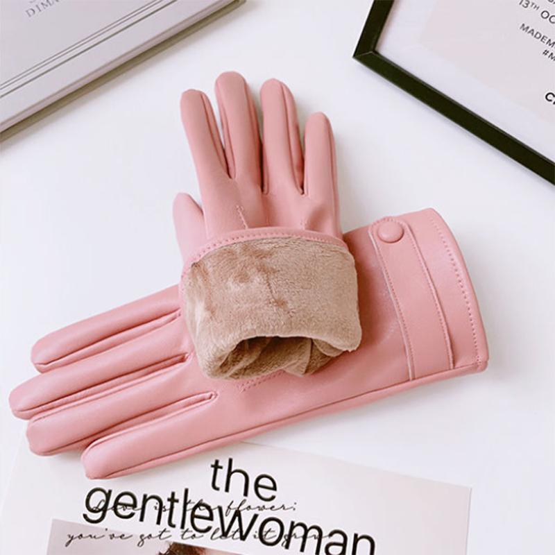 Women's Winter Plus Velvet Leather Gloves Thick Warm Touch-screen Cute Imitation Sheepskin Mittens Thin Driving Cycling Non-slip Wear-resistant Gloves