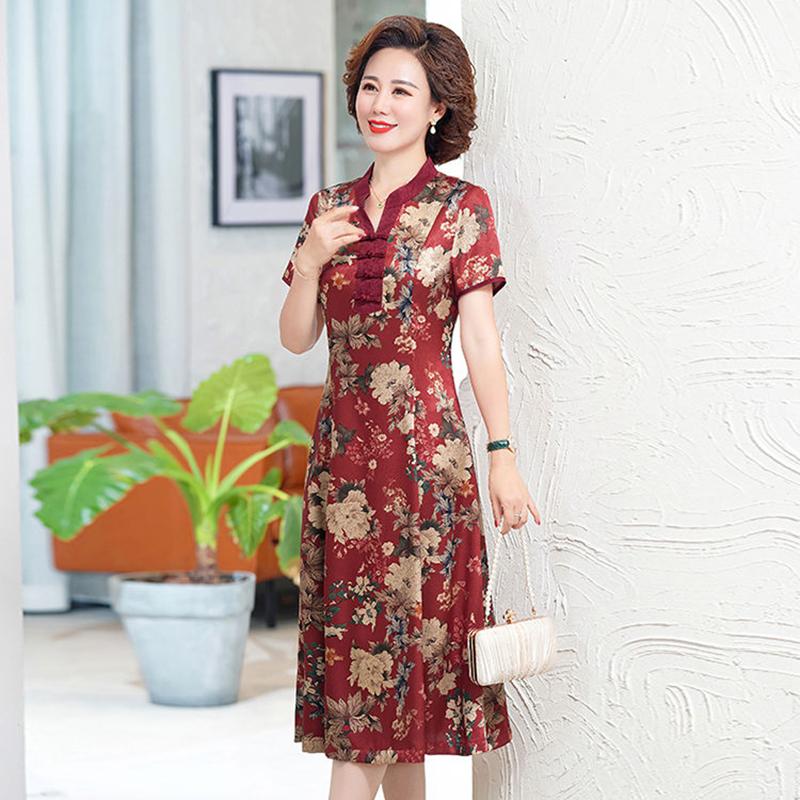 Mother Dress Floral Dress Summer Middle-aged and Elderly Women's Cheongsam Style Western Style Skirt Middle-aged Over-the-knee Long Skirt