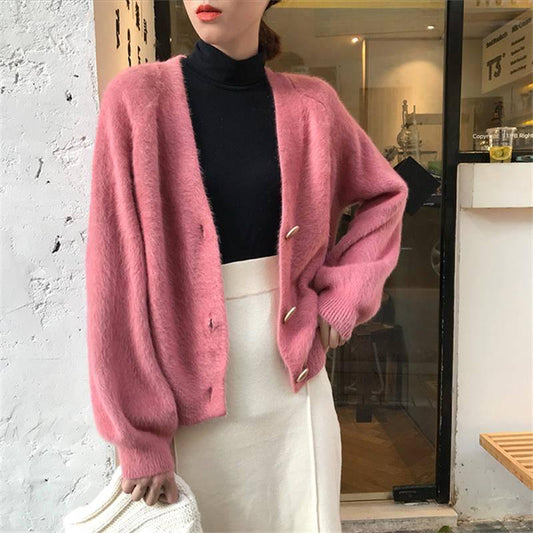 6 Colors Lazy Women Faux Mink Cashmere Loose V-neck Sweater Knitted Cardigan Button Jacket