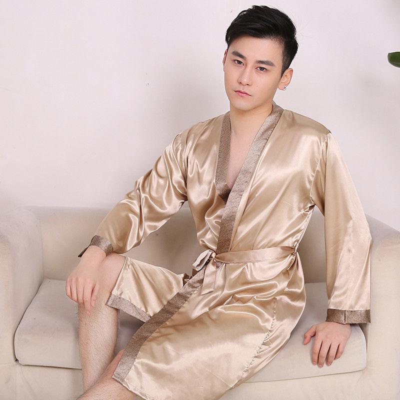 Ice Silk Pajamas Men's Summer Long-sleeved Thin Silk Bathrobes Men's Long Sexy Pajamas Home Service