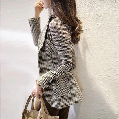 Casual Double Breasted Tweed Women Blazer Coat Long Spring Autumn Jackets Coats Female Chic Office Lady Tops