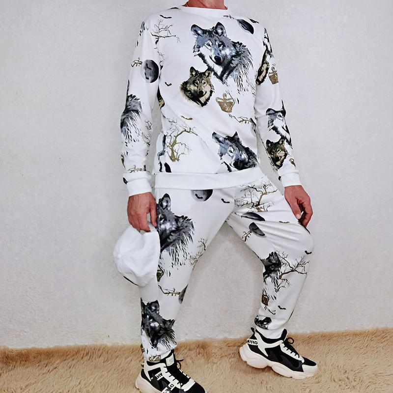 2pcs/set  Casual Sports Suit Outfits Men Autumn Printed Sweatshirt Pants Two-piece Handsome Sweatshirt Set