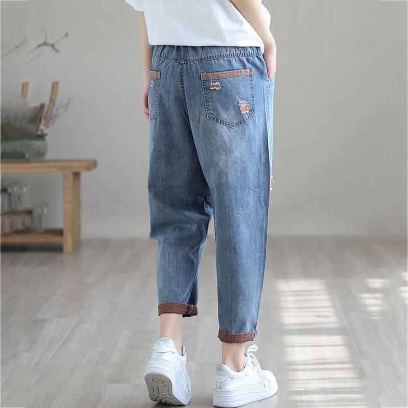 WTEMPO Retro Hole Cropped Jeans Female Spring and Summer Loose and Thin Elastic Waist Casual All-match Plus Size Harem Pants