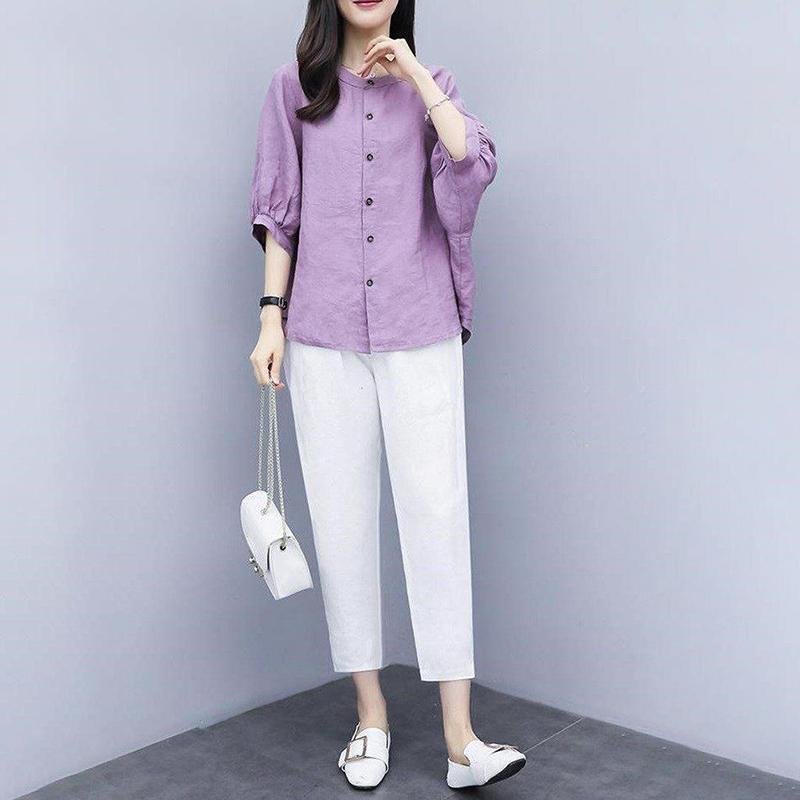 Women's Two-piece Suit Cotton and Linen Loose Middle-sleeved Round Neck Blouse Nine-point Pants Casual Loose Suit Ladies Casual Suit