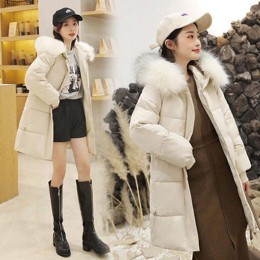 Plus Size Women's Fashion Down Cotton Padded Jacket Coat Hooded Fur Collar Coat Long Style Over The Knee Thickened Warm Women's Parka