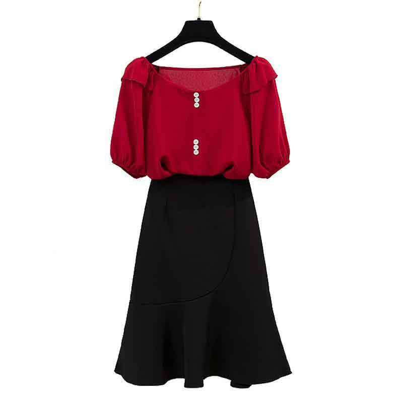 Women O-neck Chiffon T-shirt+Sexy A Word Bag Hip Skirt 2pcs Office Lady T-shirt Skirt Suit