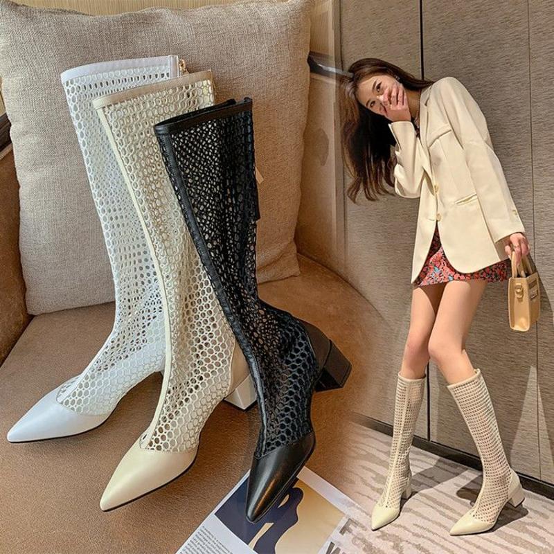 Children's Summer Boots Thick-heeled Net Boots Pointed Toe Mid-heel Mesh High-top Sandals Stovepipe Long-tube Sandals