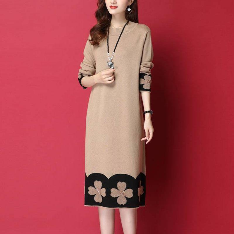 Autumn and Winter Long-sleeved Knitted Dress Large Size Loose and Thin Base Skirt Simple Over-the-knee Women's Sweater Dress