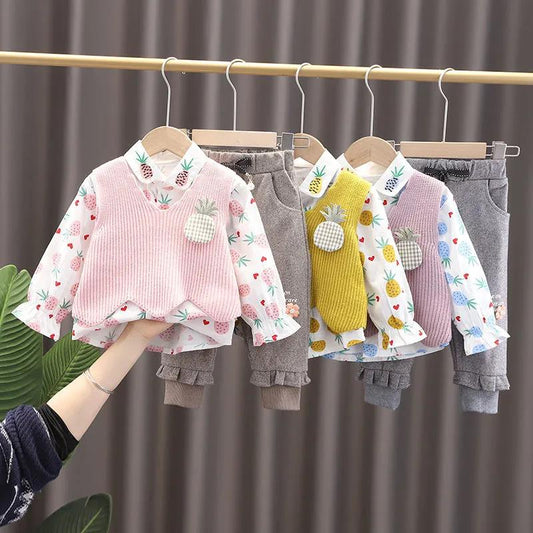 Female Baby Suit 0-5 Years Old Girl Korean Cute Spring and Autumn Clothes Long Sleeve Sweater Vest Three-piece