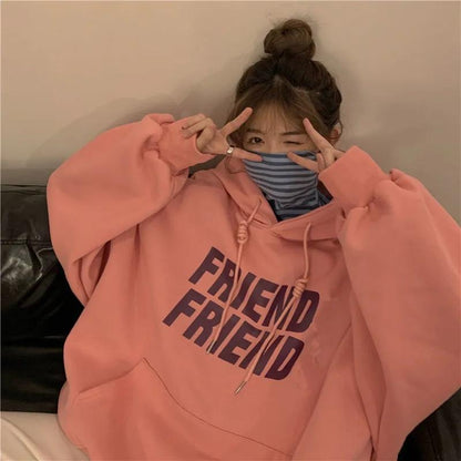 Autumn and Winter Hooded Pullover Sweater Korean Hip Hop Plus Velvet Thickening Harajuku Lazy Wind Sweater Female Student Loose All-match Top Coat