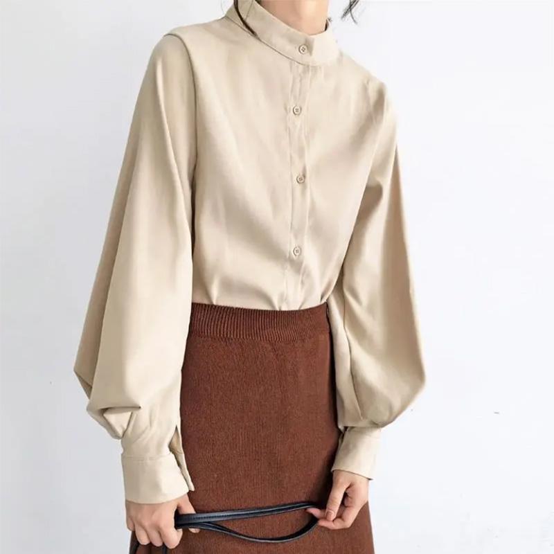 Black Stand-up Collar Shirt Women's Design Sense Niche Light Familiar French Temperament Shirt Retro Hong Kong Flavor Lantern Sleeve Top