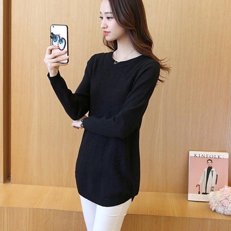 Autumn and Winter Knit Sweater Close-fitting Slim-fit Sweater Women Mid-length Loose Long-sleeved Bottoming Shirt Pullover Round Neck Thin Style