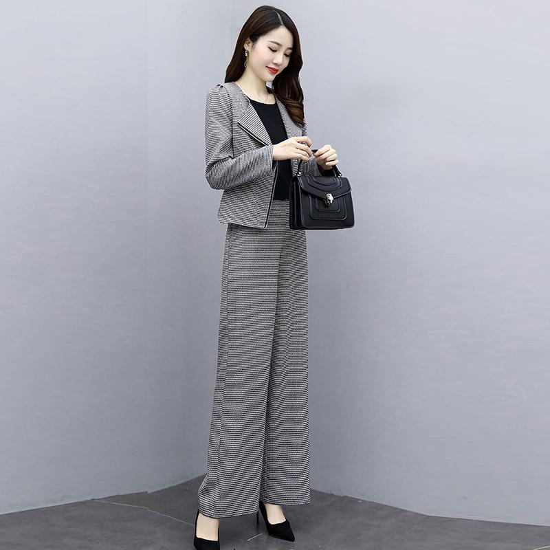 Set Autumn Plaid Trousers Fashion Casual Temperament Houndstooth Short Coat Two-piece Suit Women