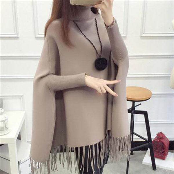 Autumn and Winter High Neck Tassel Sweater Pullover Mid-length Loose Top Knitted Casual Women's Bat Shirt