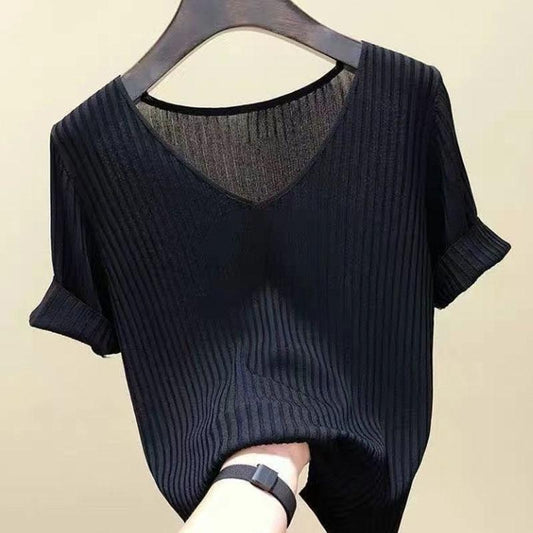 Women Slim Knitted Pullover Temper Elegant T-shirt Casual Comfortable Top Summer Short Sleeve Shirt