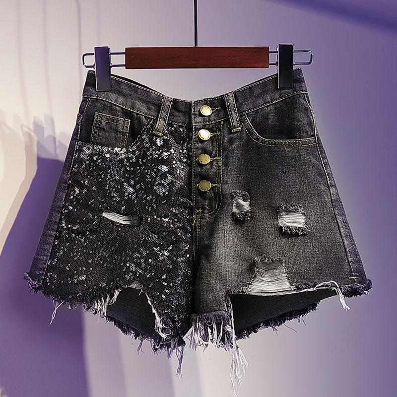 WTEMPO Summer Large Size Denim Shorts Female Sequins Were Thin High Waist Raw Edge A Word Wide Leg Pants