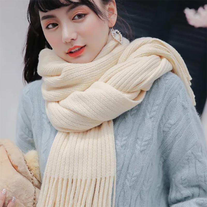 Ladies Scarf Winter Pure White Korean Version of Wild Thick Woolen Tassel Knitted Shawl Scarf Womens