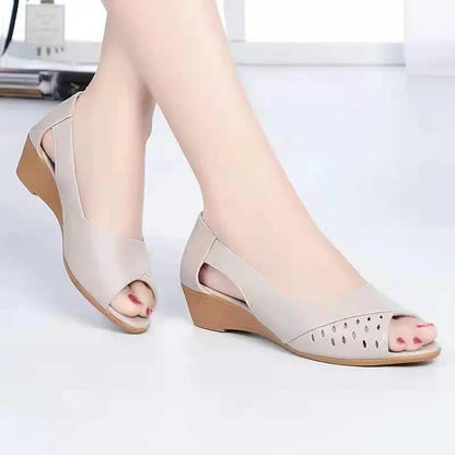 Real Soft Leather Sandals Women Summer Tendon Sole Wedge Sandals Soft Sole Comfortable New Fish Mouth Women's Shoes