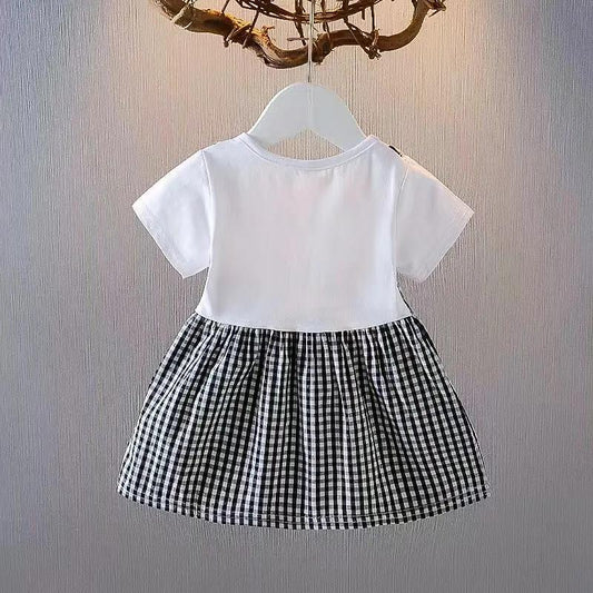 Baby Girl Dress Summer Suspender Plaid Skirt Baby Vest Skirt Round Neck Short Sleeve Stitching Fake Two-piece A-line Skirt