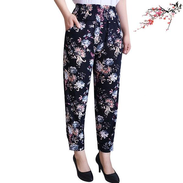 Women Summer High Waist Wide Leg Floral Printed Casual Pants Female Big Size Loose Elastic Waist Simple Thin Cropped Pants