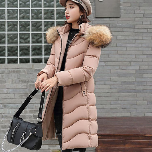 Women's Fashion Down Cotton Padded Jacket Long Style Over The Knee Thickened Warm Women's Parka Coat Hooded Fur Collar Coat